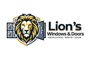 Logo for Lion's Windows & Doors featuring a bold, stylized golden lion head centered within a shield-shaped emblem flanked by a window on the left and an open door on the right, rendered in gold, dark navy, and gray tones. The company name "Lion's Windows & Doors" appears to the right in dark serif and script fonts, with the tagline "Installation · Repair · Sales" beneath. The logo represents a licensed Las Vegas-based residential and commercial window and door installation company.