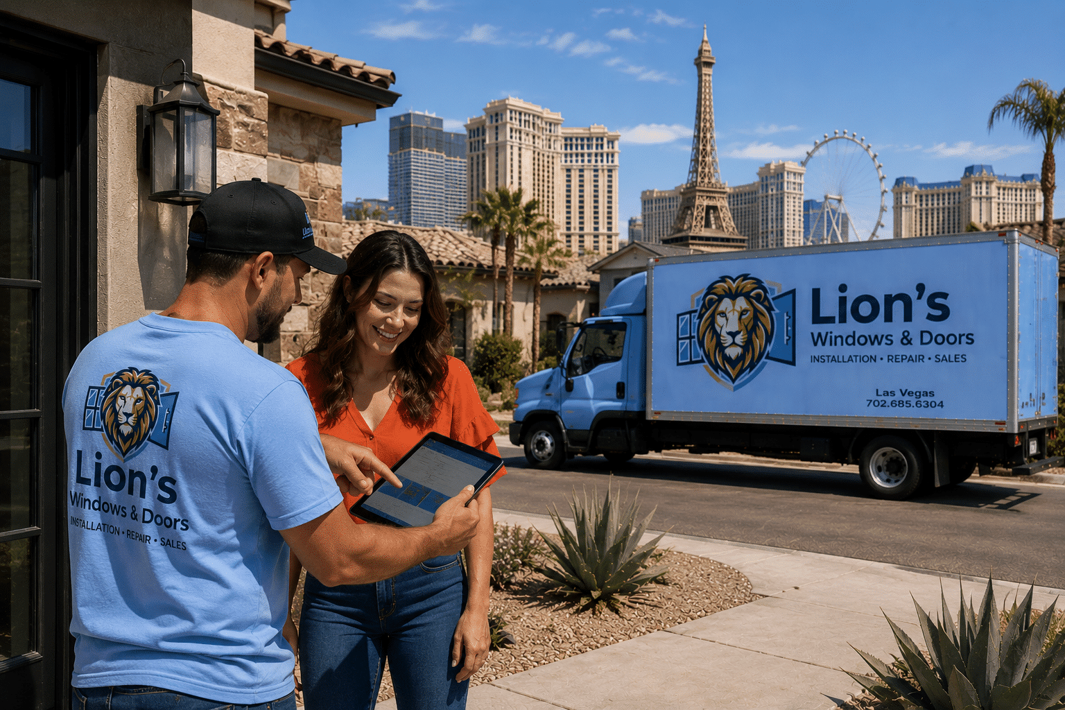 A Lion's Windows & Doors technician in a branded light blue shirt and black cap shows a tablet to a smiling homeowner outside her Las Vegas home, reviewing project details during a consultation. Behind them, a Lion's Windows & Doors box truck displaying the company logo, phone number 702.685.6304, and "Installation · Repair · Sales" is parked on the street, with the Las Vegas Strip skyline — including the Paris Las Vegas Eiffel Tower replica and the High Roller observation wheel — visible in the background under a clear desert sky.