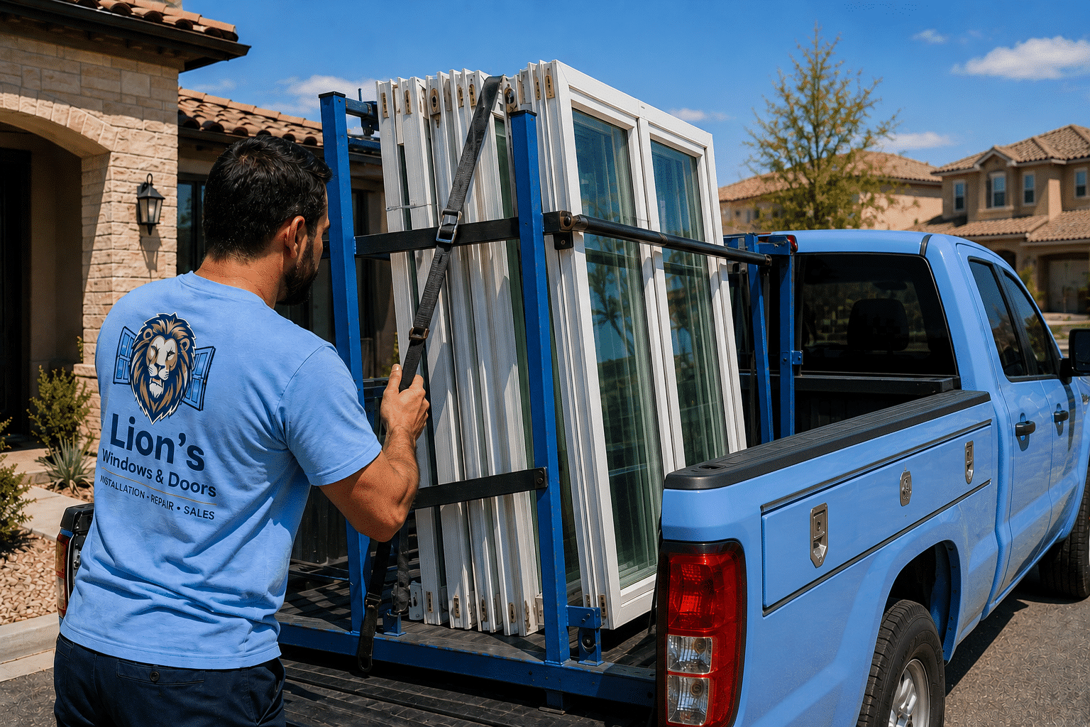 A Lion's Windows & Doors crew member in a light blue branded t-shirt secures white vinyl replacement windows strapped upright in a blue metal rack on the bed of a matching blue pickup truck, parked in front of a stucco home in a Las Vegas-area residential neighborhood. The windows are secured with ratchet straps for transport, and the arid desert landscape and tile-roofed homes typical of the valley are visible in the background.