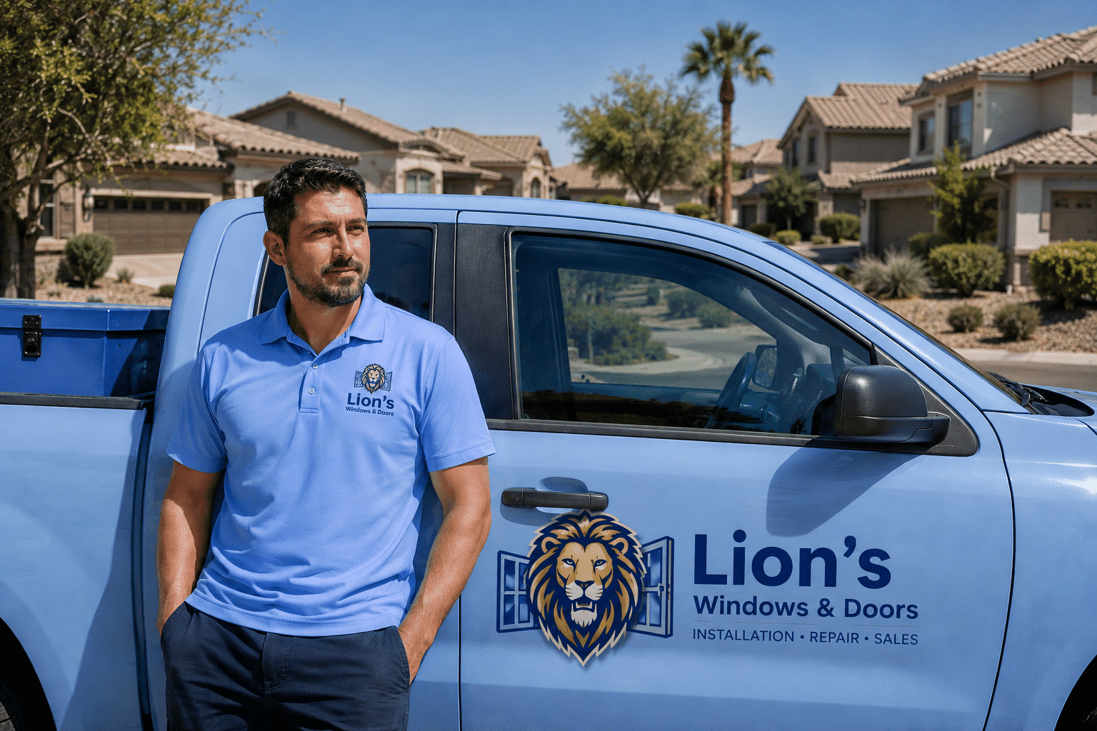 A Lion's Windows & Doors crew member in a light blue company polo stands beside a branded white pickup truck in a Las Vegas suburban neighborhood, with stucco homes and palm trees visible in the background. The truck door displays the company's lion logo along with "Lion's Windows & Doors — Installation · Repair · Sales." The clear desert sky and southwestern-style architecture reflect the Las Vegas residential setting where the company performs window and door installations.