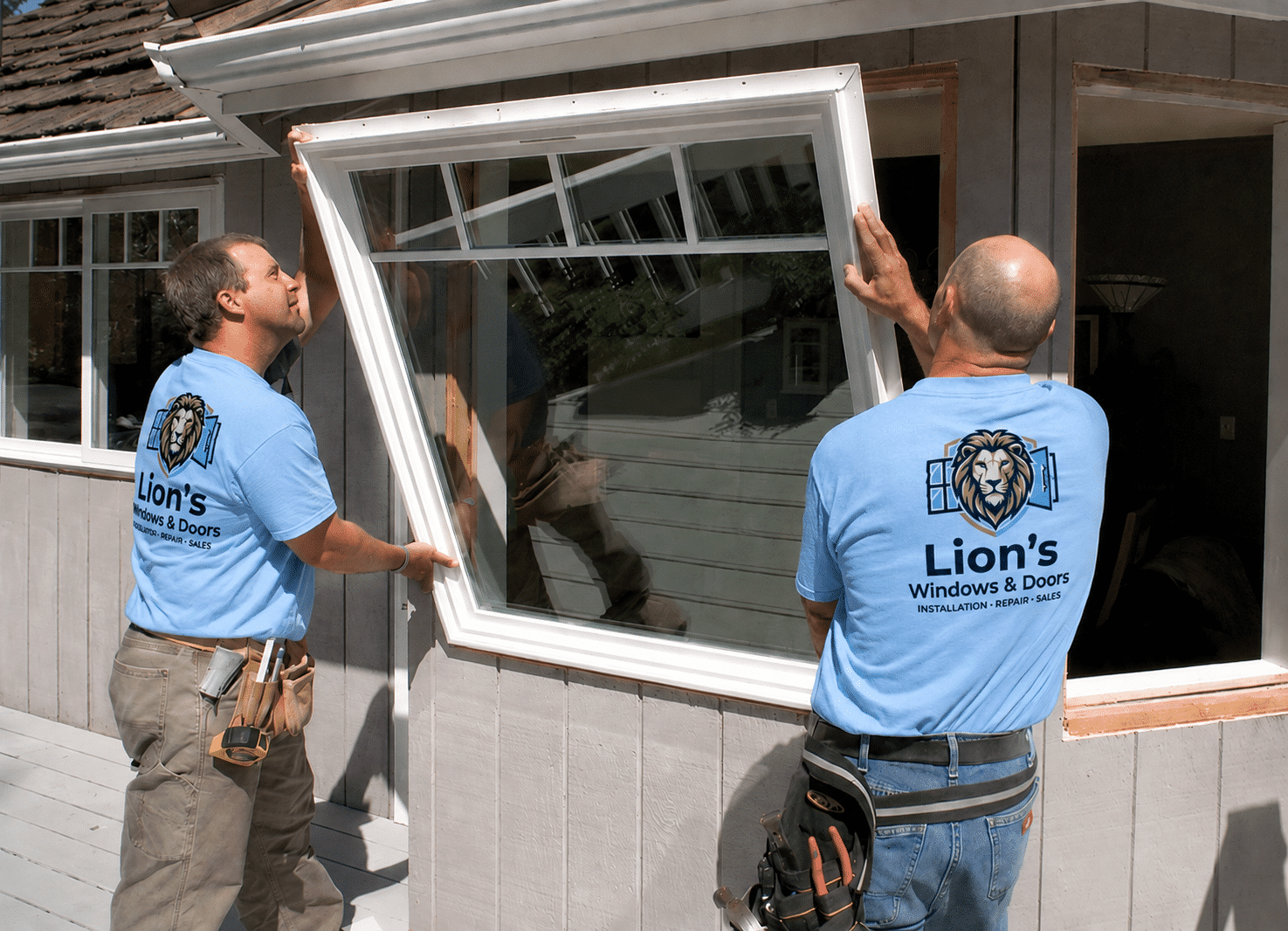 Two workers from Lion's Windows & Doors wearing matching light blue company t-shirts carry and position a large white-framed window into a residential window opening, with both men wearing tool belts as they carefully align the replacement window against the exterior of a light gray house.