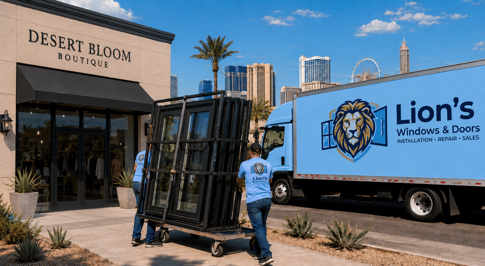 Two Lion's Windows & Doors crew members in matching light blue company t-shirts wheel a large black-framed window panel on a dolly toward Desert Bloom Boutique, a tan commercial storefront with a black awning, while their branded blue delivery truck is parked curbside. The Las Vegas Strip skyline, including the High Roller observation wheel and high-rise hotels, is visible in the background under a clear desert sky. The scene illustrates a commercial window installation delivery by the company's own crew in the Las Vegas valley.