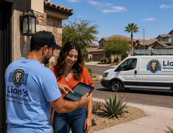 A Lion's Windows & Doors crew member in a branded blue t-shirt and cap shows a tablet screen to a smiling female homeowner in an orange top outside her Las Vegas-area home, reviewing project details together. A white Lion's Windows & Doors service van is parked in the residential driveway behind them, with desert landscaping and stucco homes visible under a bright desert sky.