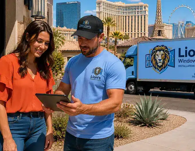 A woman in an orange blouse and a man in a blue Lion's Windows t-shirt and branded black cap stand together reviewing project details on a tablet, with the Las Vegas Strip skyline — including the Bellagio, Paris Las Vegas Eiffel Tower replica, and the High Roller observation wheel — visible behind them alongside a Lion's Windows branded truck. The image conveys an on-site consultation between a homeowner and a Lion's crew member in a distinctly Las Vegas setting, reinforcing the company's local presence and hands-on approach to window and door installation.