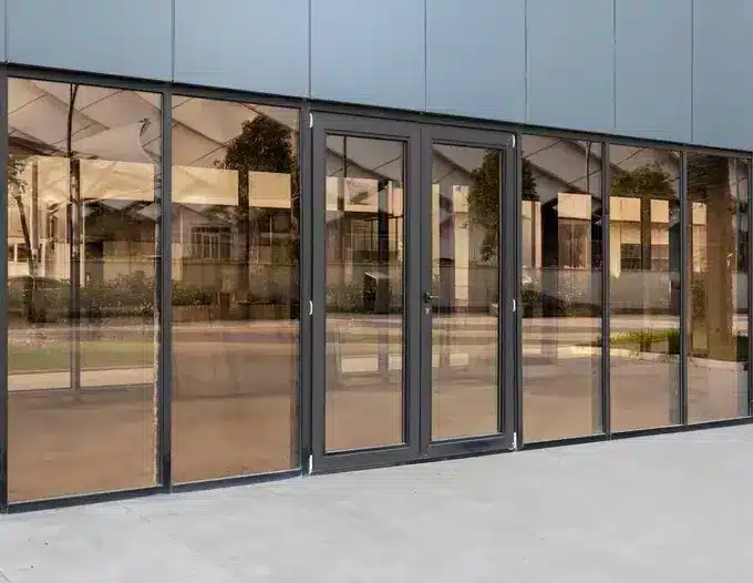 A set of large commercial bi-fold glass doors with dark aluminum frames, shown partially open on a modern storefront facade. The tinted glass panels reflect nearby buildings and trees, demonstrating the type of aluminum storefront entry system suited for retail and commercial installations. The clean, contemporary design highlights the precision framing and expansive glass panels typical of professional commercial door installations.