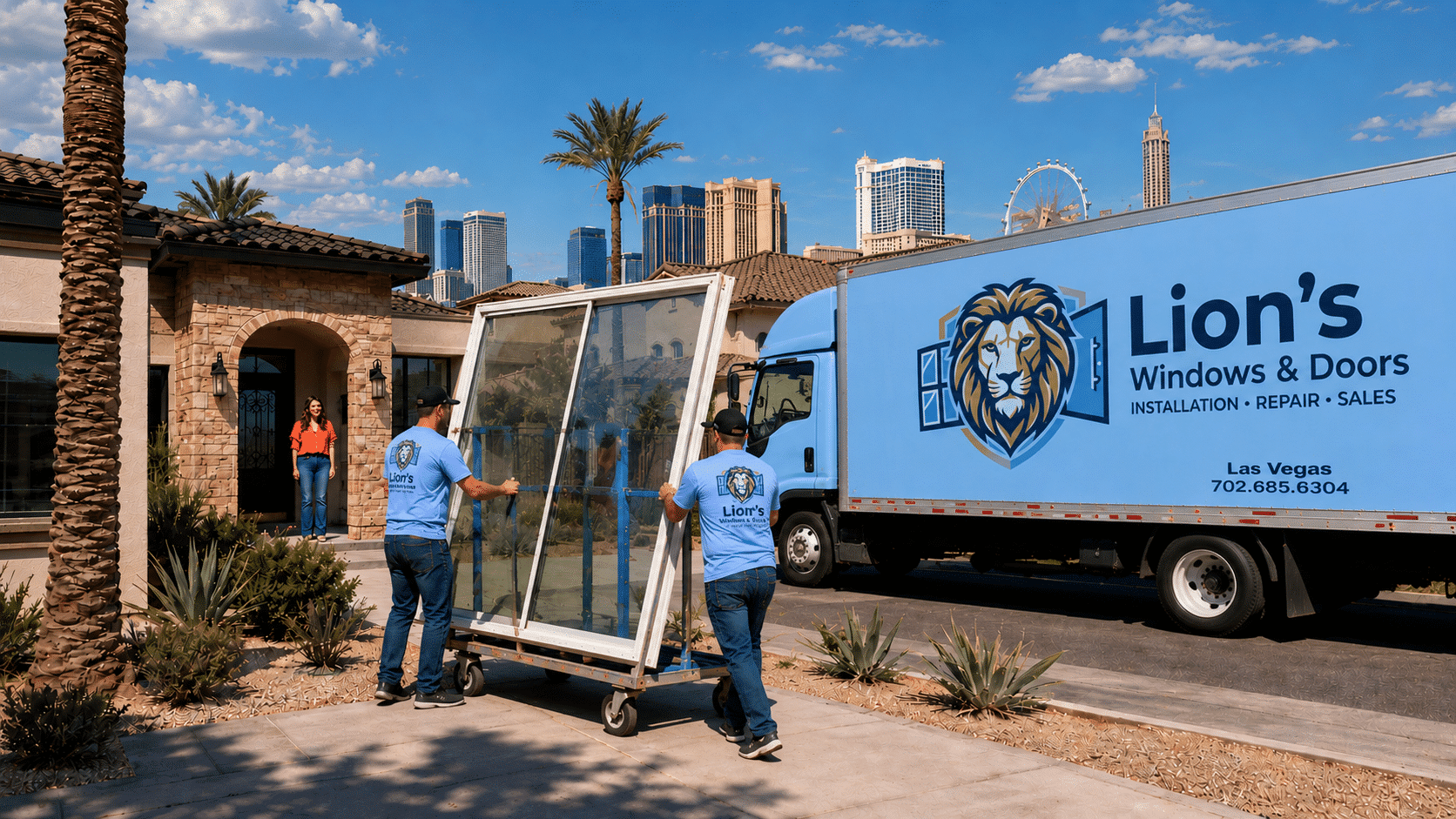 Two Lion's Windows & Doors crew members in matching light blue company t-shirts wheel a large glass window panel on a rolling cart from their branded blue delivery truck toward a Mediterranean-style Las Vegas home, with the Las Vegas Strip skyline including the High Roller and several casino towers visible in the background. A homeowner in an orange top watches from the front entrance as the installers deliver the window, with the truck displaying the company logo, phone number 702.685.6304, and services including installation, repair, and sales.