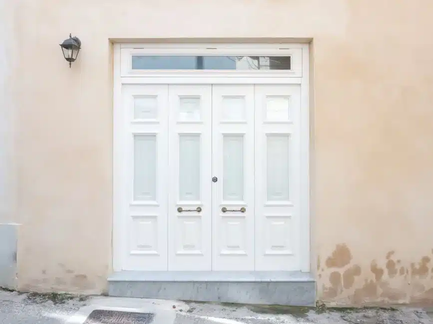 Fiberglass front entry door and adjacent glazing on a Las Vegas home.